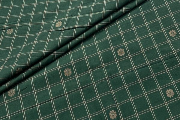 Pre-Cut 1.30m Hunter Green Checkered Woven Design Flowy HandLoom Pure Soft Cotton Fabric