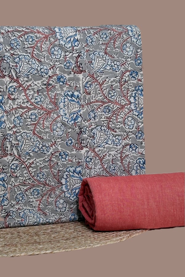 Gray - 2pc Kalamkari Blockprinted Soft Cotton Top and Handloom Soft Cotton Bottom Fabric Set
