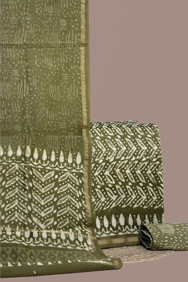 photo-output(13) Green - 3pc Chanderi Silk Dupatta and Top Fabric with Cotton Blockprint Bottom Fabric Set - Image 1