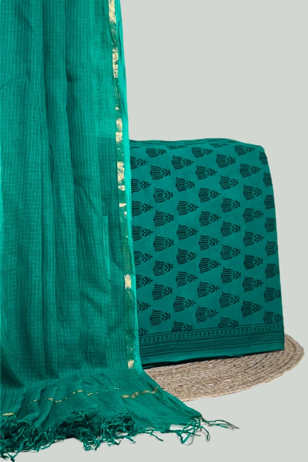 Green - 2pc Kota Doria Dupatta and Bagh Blockprint Top Cotton Fabric Set
