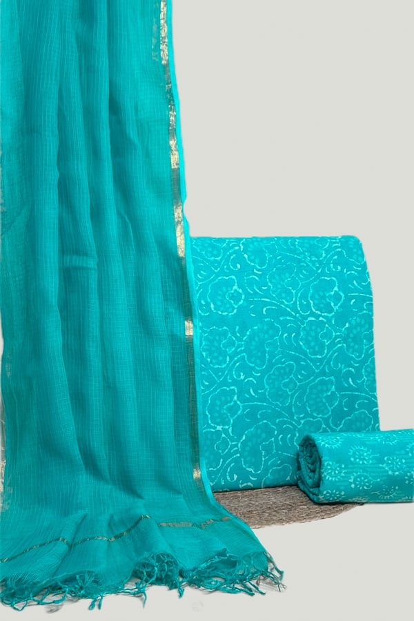 Blue - 3pc Kota Doria Dupatta with Bagru Blockprint Cotton Top & Bottom Set