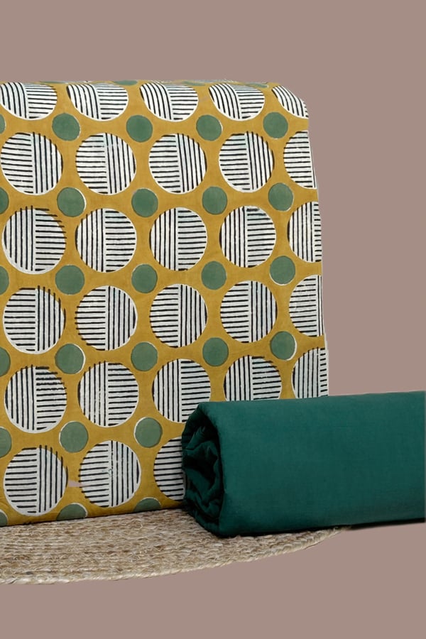 Green - 2pc Bagru HandCrafted Top and Plain Dyed Cotton Bottom Fabric Set