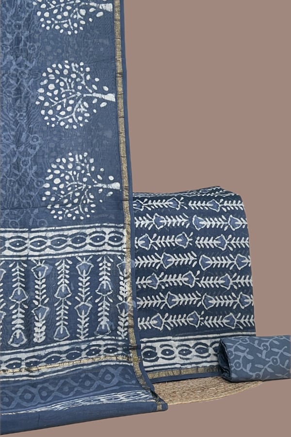 Blue - 3pc Chanderi Silk Dupatta and Top Fabric with Cotton Blockprint Bottom Fabric Set