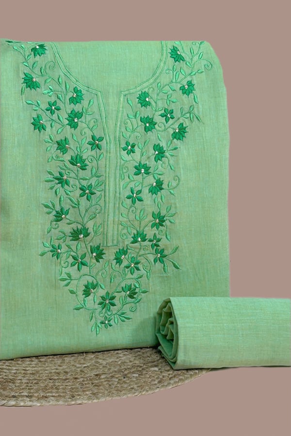 Green - 2Pc Handloom Embroidered Neck Design Soft Cotton Top(3m) Bottom(2.5m) Fabric Set