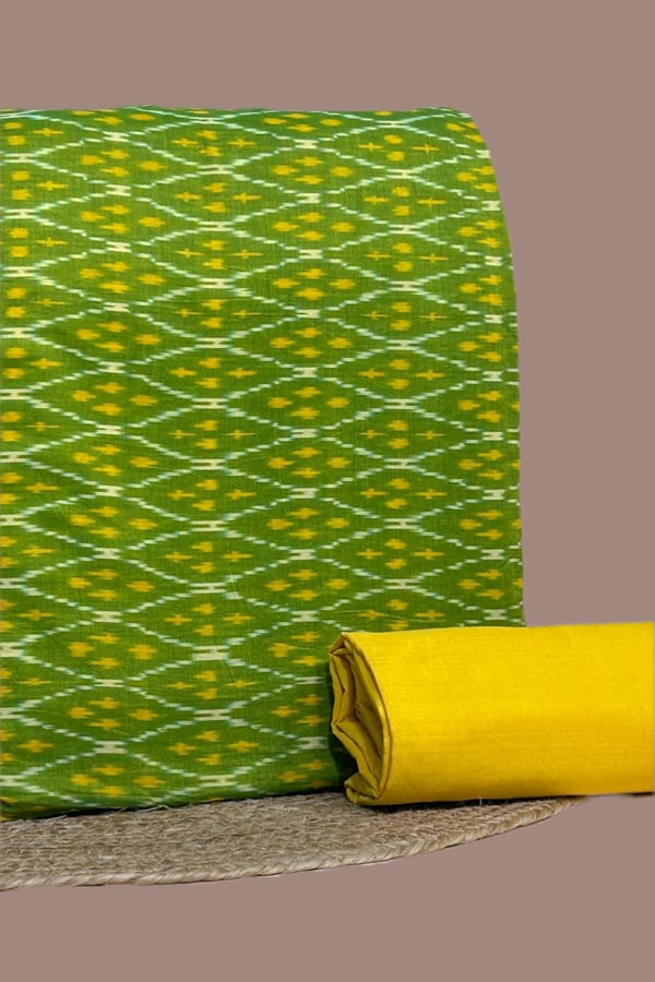 Green - 2pc HandCrafted Ikkat Top and Mangalgiri Cotton Bottom Fabric Set Green - 2pc HandCrafted Ikkat Top and Mangalgiri Cotton Bottom Fabric Set - Image 1