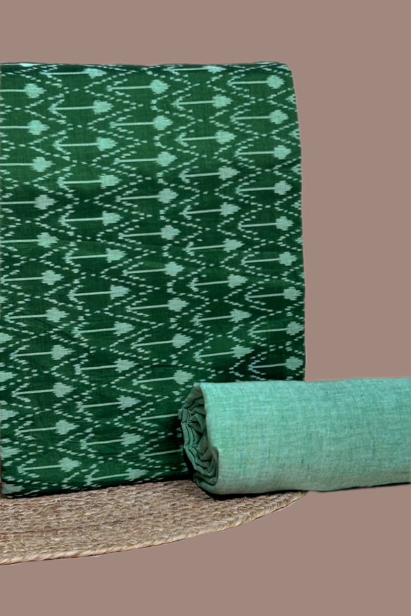 Green - 2pc HandCrafted Ikkat Top and Handloom Soft Cotton Bottom Fabric Set Green - 2pc HandCrafted Ikkat Top and Handloom Soft Cotton Bottom Fabric Set - Image 1