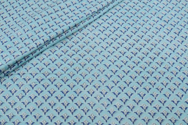 Pre-Cut 1.10m Icy Blue Floral Handblock Printed 100% Pure Soft Cotton Fabric