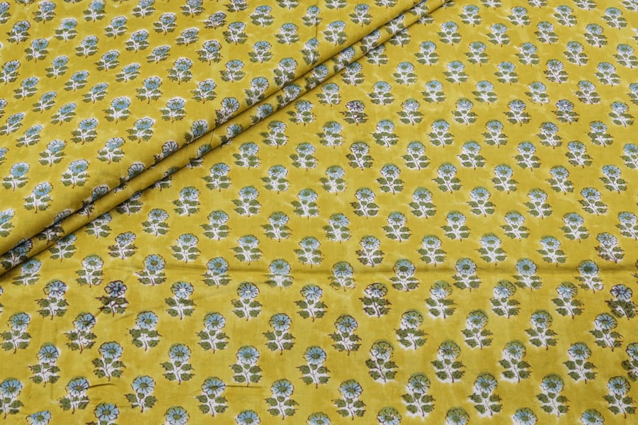 Tuscany Yellow Floral Handblock Printed 100% Pure Soft Cotton Fabric Tuscany Yellow Floral Handblock Printed 100% Pure Soft Cotton Fabric - Image 1