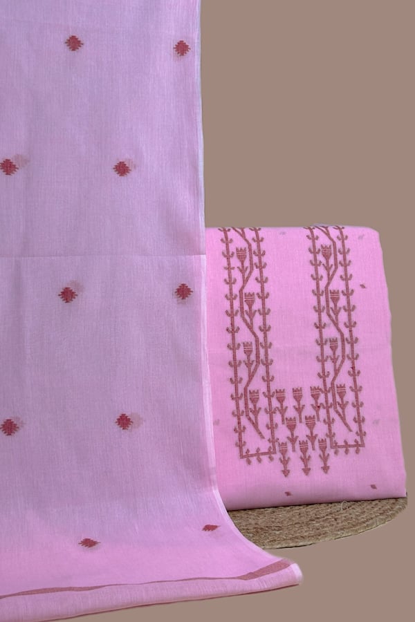 Pink - 2Pc (3mtr Top) Handloom Woven Neck Design Soft Cotton Top(3m) & Dupatta Fabric Set Pink - 2Pc (3mtr Top) Handloom Woven Neck Design Soft Cotton Top(3m) & Dupatta Fabric Set - Image 1