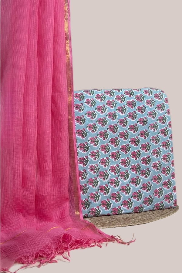 Blue - 2pc Kota Doria Dupatta and Pure Soft Cotton Blockprint Top Fabric Set Blue - 2pc Kota Doria Dupatta and Pure Soft Cotton Blockprint Top Fabric Set - Image 1