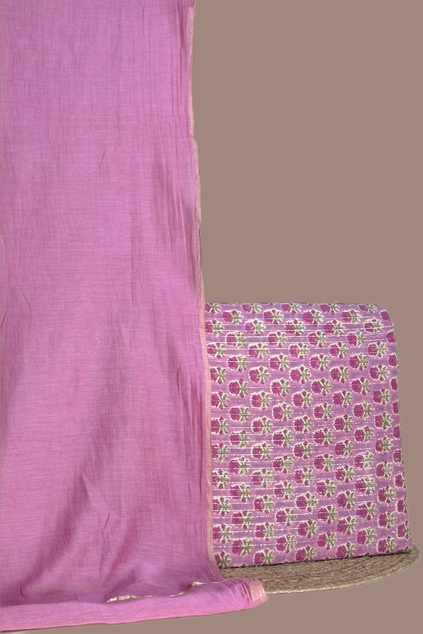 Pink - 2Pc Luxe CottonSilk Dupatta and Blockprint Cotton Top Fabric Set Pink - 2Pc Luxe CottonSilk Dupatta and Blockprint Cotton Top Fabric Set - Image 1