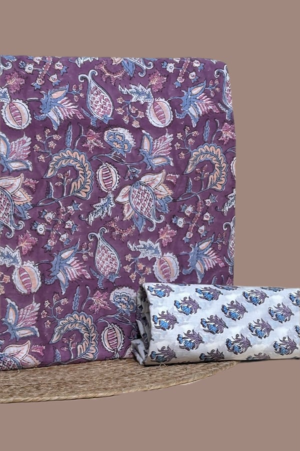 Purple - 2pc Pure Soft Cotton Blockprinted Top and Bottom Fabric Set Purple - 2pc Pure Soft Cotton Blockprinted Top and Bottom Fabric Set - Image 1