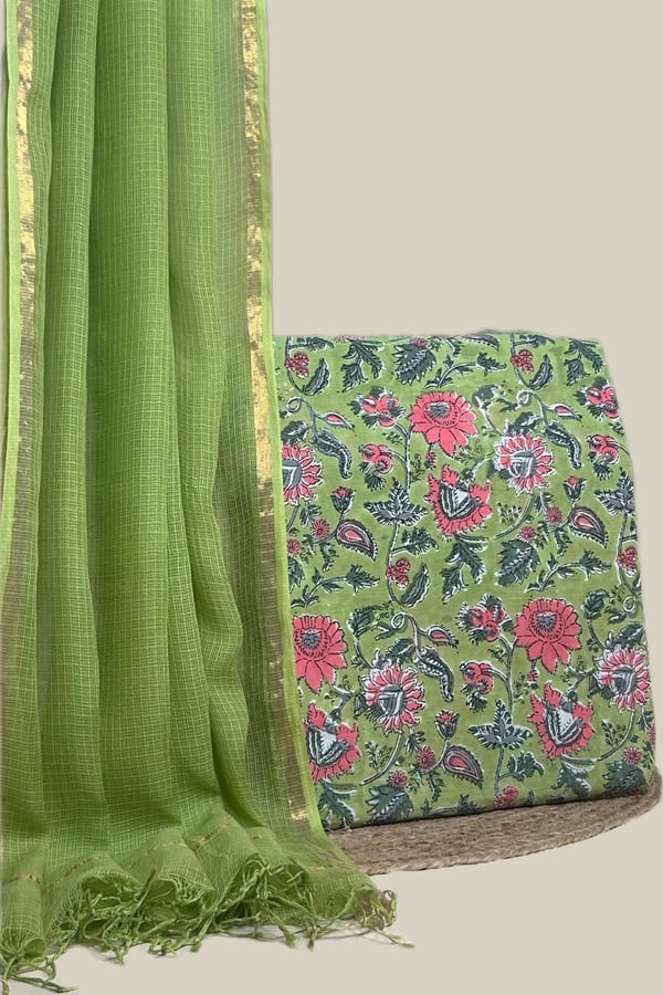 Green - 2pc Kota Doria Dupatta and Pure Soft Cotton Blockprint Top Fabric Set