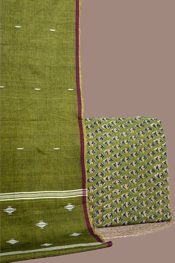 Green - 2pc Handloom Cotton Dupatta and Pure Soft Cotton Top Set Green - 2pc Handloom Cotton Dupatta and Pure Soft Cotton Top Set - Image 1