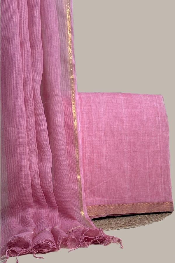 Pink - 2pc Kota Doria Dupatta and Mangalgiri Zari Border Handwoven Pure Cotton Set Pink - 2pc Kota Doria Dupatta and Mangalgiri Zari Border Handwoven Pure Cotton Set - Image 1