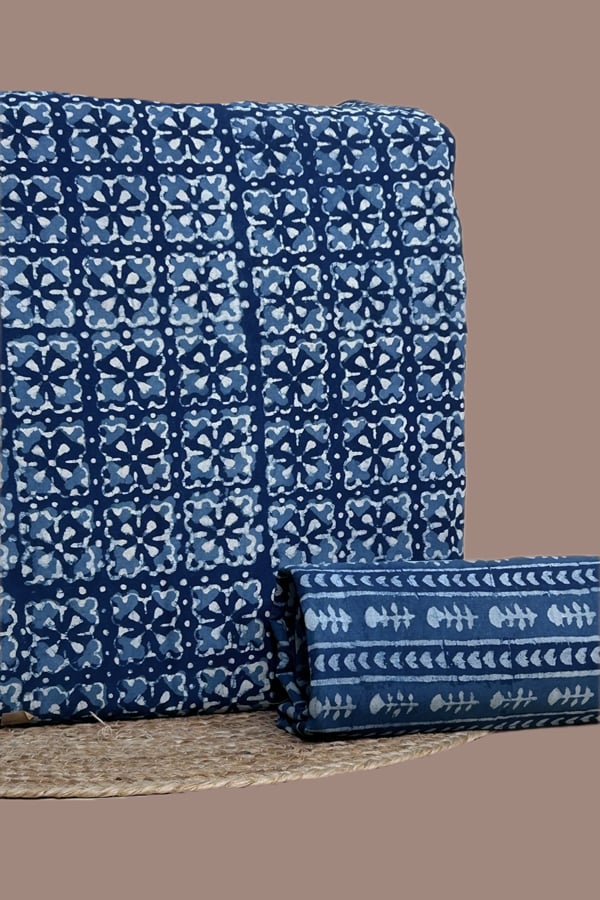 Blue - 2pc Bagru HandCrafted Top and Bottom Cotton Fabric Set Blue - 2pc Bagru HandCrafted Top and Bottom Cotton Fabric Set - Image 1