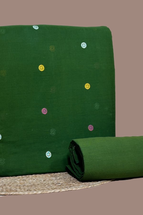 Green - 2pc Handloom Woven Design Cotton Top and Handloom Soft Cotton Bottom Fabric Set