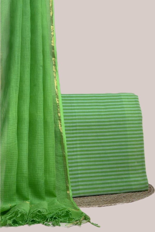Green - 2pc Kota Doria Dupatta and Mangalgiri Handwoven Pure Cotton Set Green - 2pc Kota Doria Dupatta and Mangalgiri Handwoven Pure Cotton Set - Image 1
