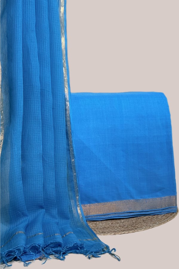 Blue - 2pc Kota Doria Dupatta and Mangalgiri Zari Border Handwoven Pure Cotton Set Blue - 2pc Kota Doria Dupatta and Mangalgiri Zari Border Handwoven Pure Cotton Set - Image 1