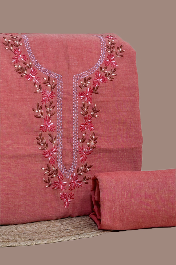 Orange - 2Pc Handloom Embroidered Neck Design Soft Cotton Top(3m) Bottom(2.5m) Fabric Set Orange - 2Pc Handloom Embroidered Neck Design Soft Cotton Top(3m) Bottom(2.5m) Fabric Set - Image 1