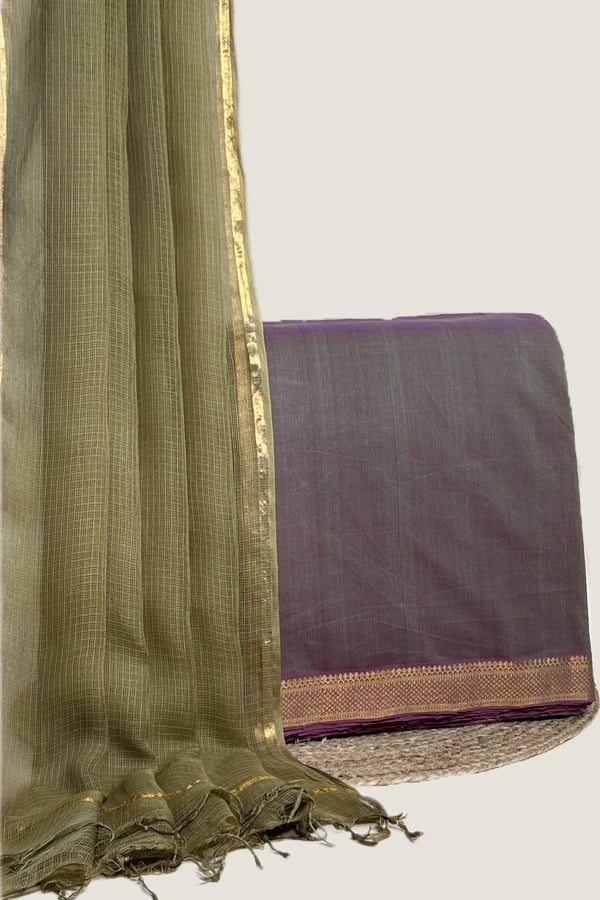 Brown - 2pc Kota Doria Dupatta and Mangalgiri Zari Border Handwoven Pure Cotton Set Brown - 2pc Kota Doria Dupatta and Mangalgiri Zari Border Handwoven Pure Cotton Set - Image 1