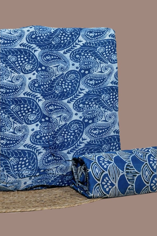 Blue - 2pc Modal Silk Blockprint Top and Bottom Fabric Set