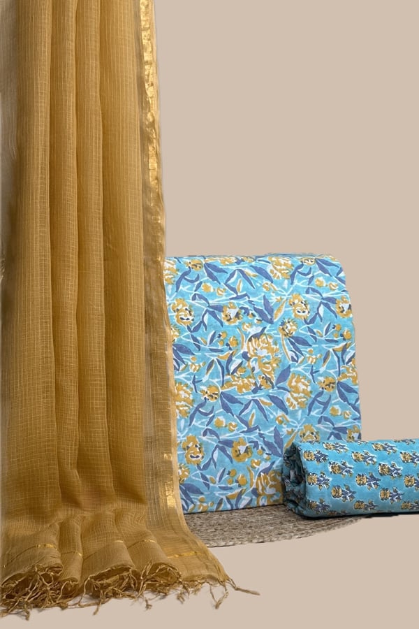 Blue - 3pc Kota Doria Dupatta with Blockprint Pure Soft Cotton Top & Bottom Set Blue - 3pc Kota Doria Dupatta with Blockprint Pure Soft Cotton Top & Bottom Set - Image 1