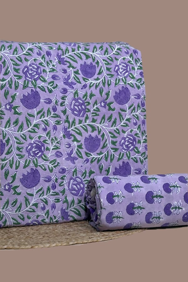 Purple - 2pc Pure Soft Cotton Blockprinted Top and Bottom Fabric Set Purple - 2pc Pure Soft Cotton Blockprinted Top and Bottom Fabric Set - Image 1