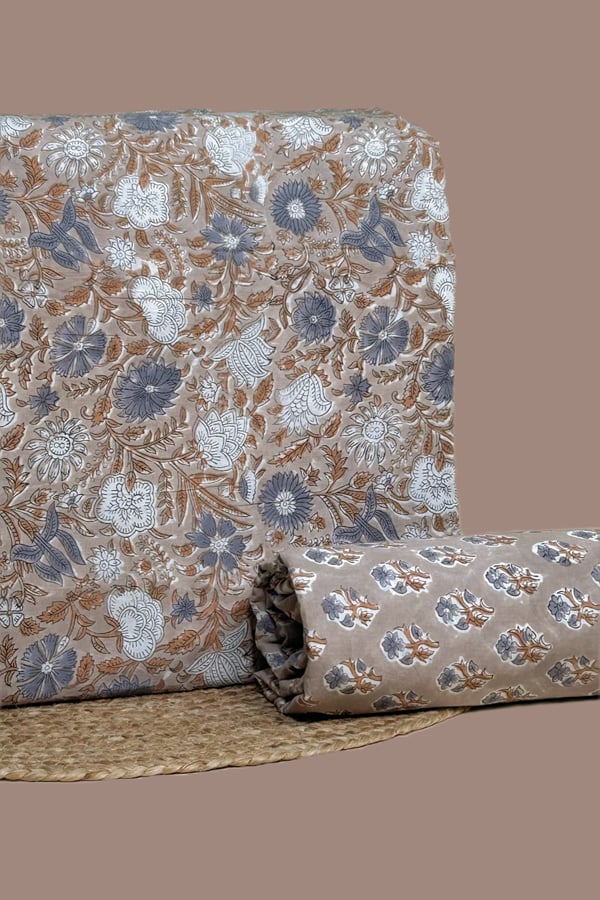 Brown - 2pc Pure Soft Cotton Blockprinted Top and Bottom Fabric Set Brown - 2pc Pure Soft Cotton Blockprinted Top and Bottom Fabric Set - Image 1