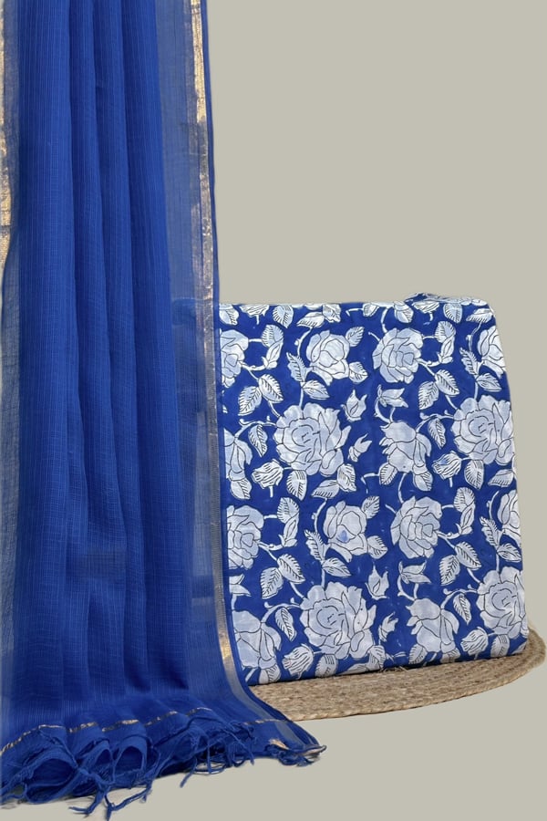 Blue - 2pc Kota Doria Dupatta and Pure Soft Cotton Blockprint Top Fabric Set Blue - 2pc Kota Doria Dupatta and Pure Soft Cotton Blockprint Top Fabric Set - Image 1