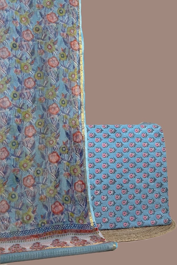 Blue - 2pc Kota Doria Dupatta and Pure Soft Cotton Blockprint Top Fabric Set Blue - 2pc Kota Doria Dupatta and Pure Soft Cotton Blockprint Top Fabric Set - Image 1