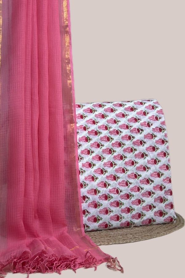 White - 2pc Kota Doria Dupatta and Pure Soft Cotton Blockprint Top Fabric Set White - 2pc Kota Doria Dupatta and Pure Soft Cotton Blockprint Top Fabric Set - Image 1