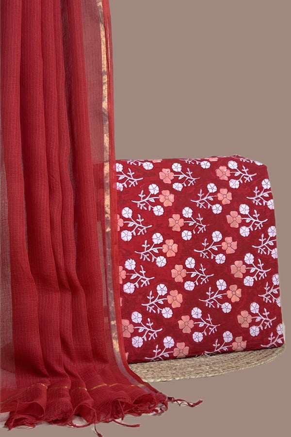 Red - 2pc Kota Doria Dupatta and Pure Soft Cotton Blockprint Top Fabric Set Red - 2pc Kota Doria Dupatta and Pure Soft Cotton Blockprint Top Fabric Set - Image 1