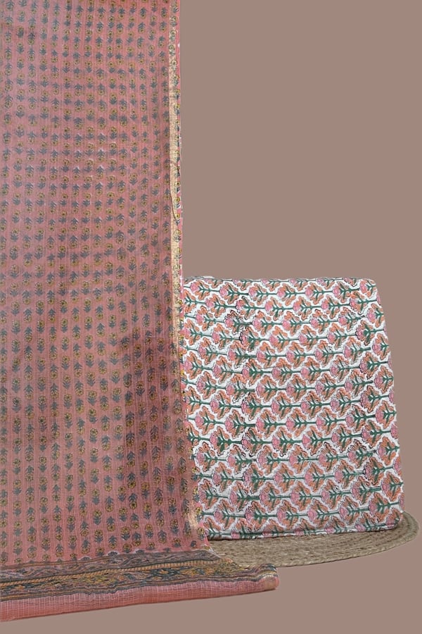 White - 2pc Kota Doria Dupatta and Pure Soft Cotton Blockprint Top Fabric Set White - 2pc Kota Doria Dupatta and Pure Soft Cotton Blockprint Top Fabric Set - Image 1