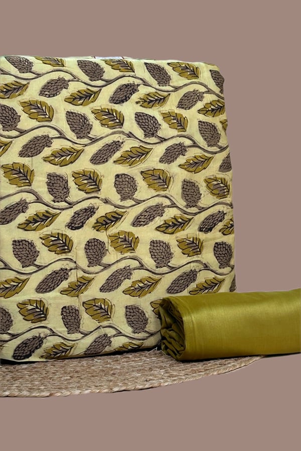 Yellow - 2pc Modal Silk Blockprint Top and CottonSilk Bottom Fabric Set Yellow - 2pc Modal Silk Blockprint Top and CottonSilk Bottom Fabric Set - Image 1