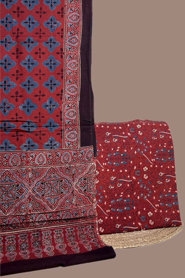 Red - 2pc Ajrakh HandCrafted Cotton Dupatta and Top Cotton Fabric Set Red - 2pc Ajrakh HandCrafted Cotton Dupatta and Top Cotton Fabric Set - Image 1