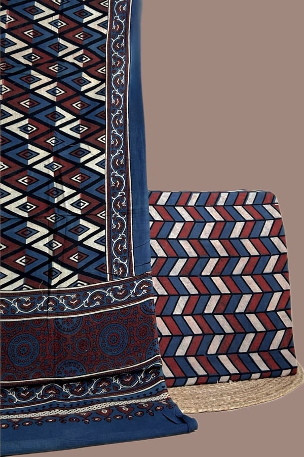 Blue - 2pc Ajrakh HandCrafted Cotton Dupatta and Top Cotton Fabric Set Blue - 2pc Ajrakh HandCrafted Cotton Dupatta and Top Cotton Fabric Set - Image 1