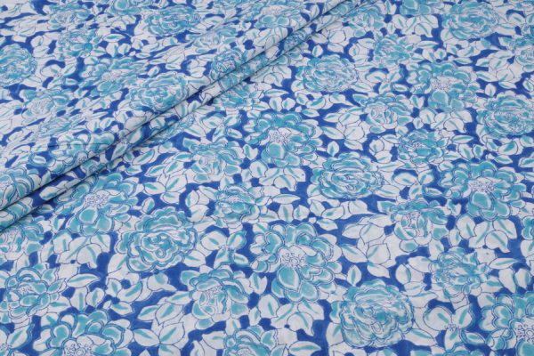 Pre-Cut 1.60m Royal Azure Blue Floral Handblock Printed 100% Pure Soft Cotton Fabric