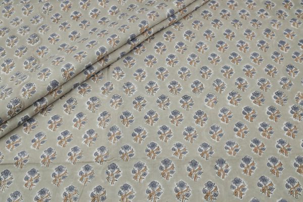 Pre-Cut 2m Dust Gray Floral Handblock Printed 100% Pure Soft Cotton Fabric