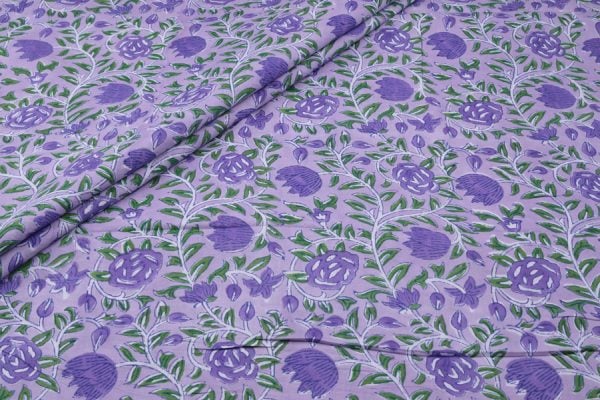 Wisteria Purple Floral Handblock Printed 100% Pure Soft Cotton Fabric