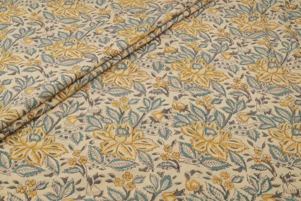 Pre-Cut 2.10m Champagne Yellow Floral Handblock Printed 100% Pure Soft Cotton Fabric