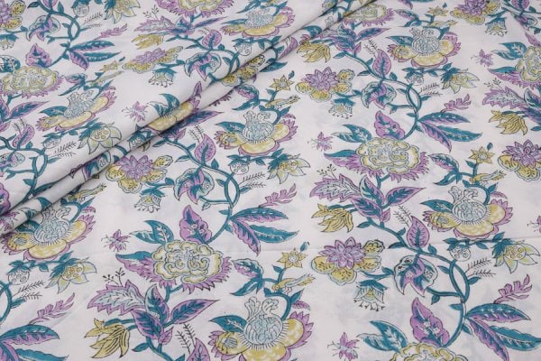 White Floral Handblock Printed 100% Pure Soft Cotton Fabric