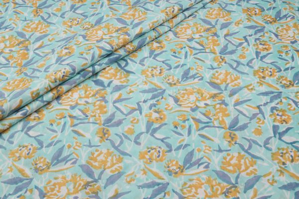 Pearl Aqua Blue Floral Handblock Printed 100% Pure Soft Cotton Fabric