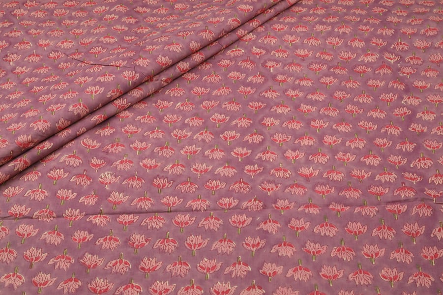 Old Rose Pink Floral Handblock Printed 100% Pure Soft Cotton Fabric Old Rose Purple Floral Handblock Printed 100% Pure Soft Cotton Fabric - Image 1