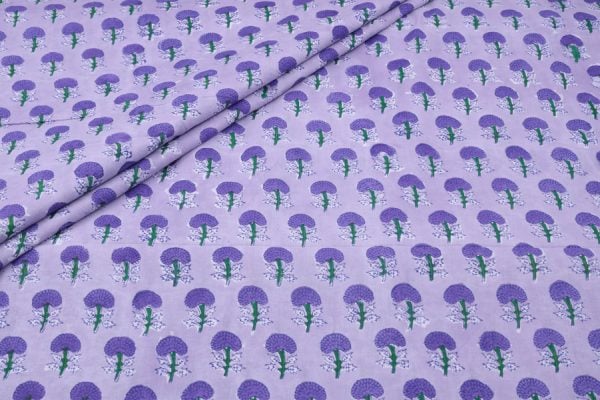 Pre-Cut 1.10m Wisteria Purple Floral Handblock Printed 100% Pure Soft Cotton Fabric