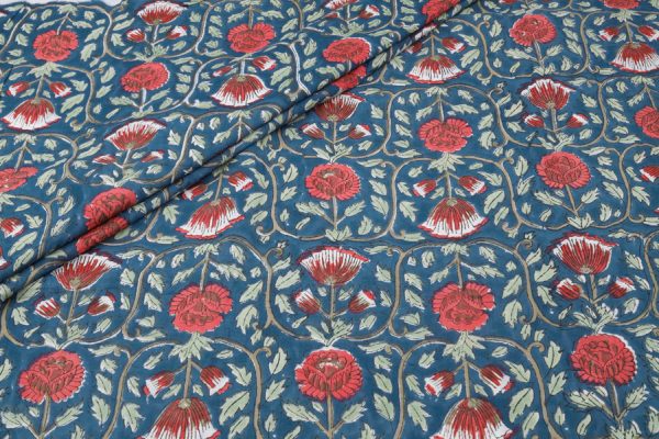 Pre-Cut 1.65m Yale Blue Floral Handblock Printed 100% Pure Soft Cotton Fabric