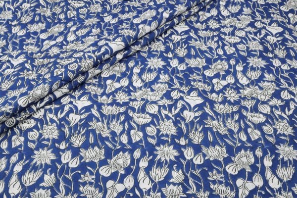 French Blue Floral Handblock Printed 100% Pure Soft Cotton Fabric