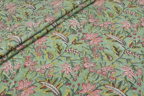 Celadon Green Floral Handblock Printed 100% Pure Soft Cotton Fabric