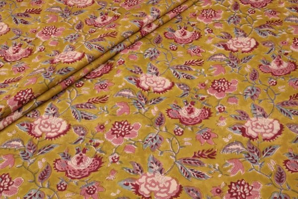 Dark Goldenrod Yellow Floral Handblock Printed 100% Pure Soft Cotton Fabric