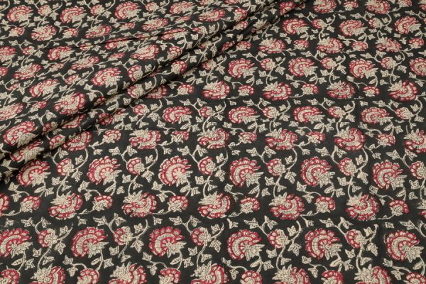 Natural Black Floral Handblock Printed 100% Pure Soft Cotton Fabric